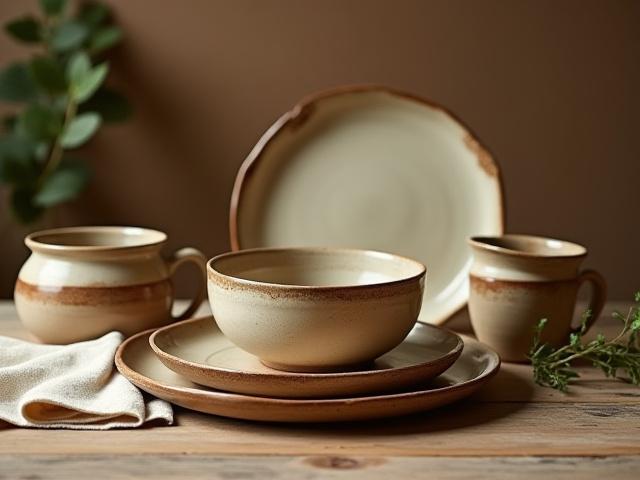 Ein kunstvoll handgefertigtes Keramik-Tafelgeschirr-Set auf einem rustikalen Holztisch